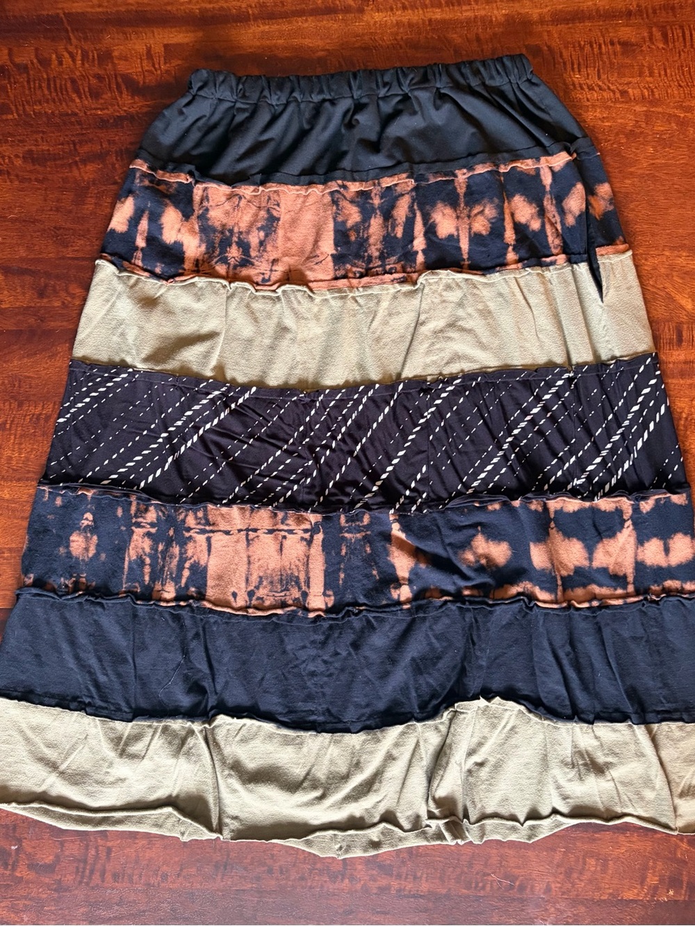 Handmade Upcycled Bleach Tie-Dye Black
Tiered Maxi Skirt Women's Size Large